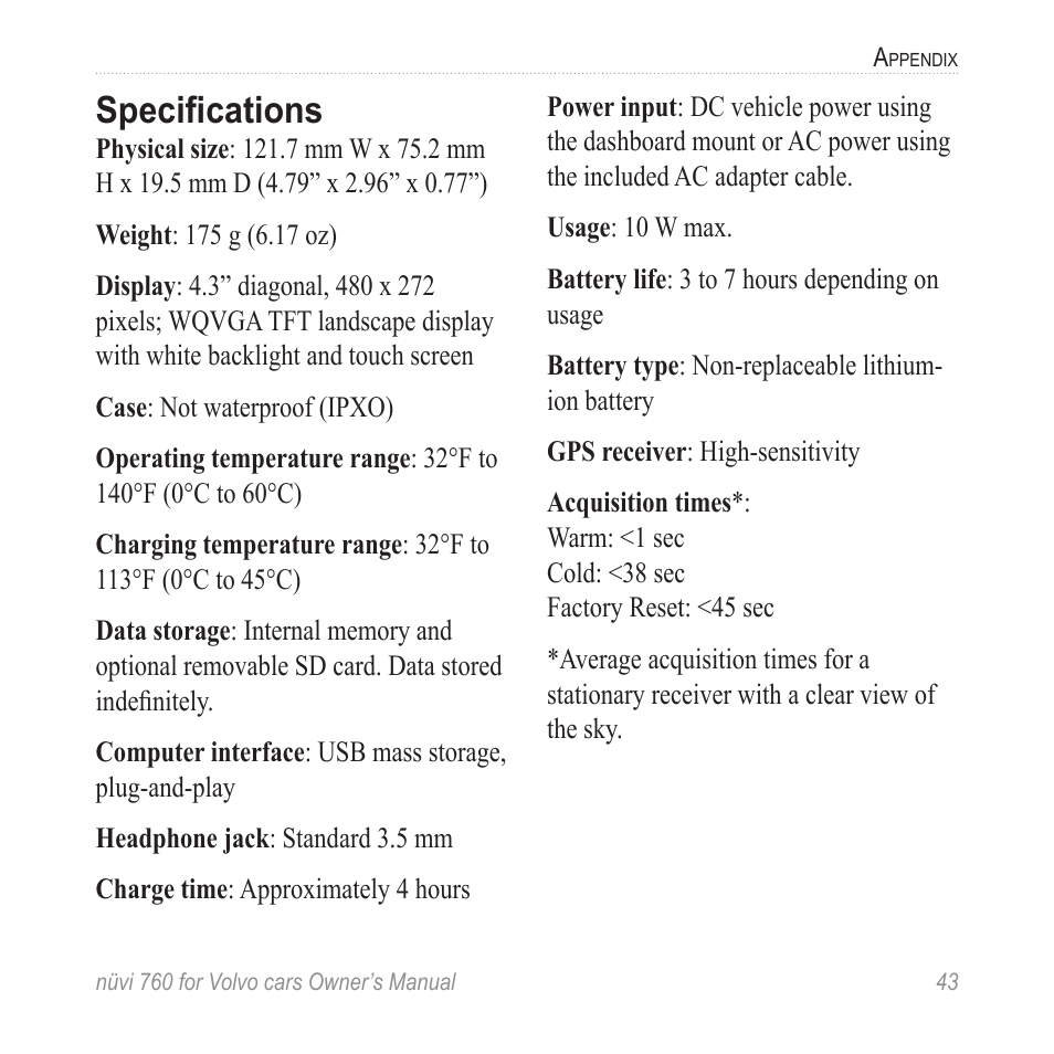 Specifications | Garmin nuvi 760 for Volvo cars User Manual | Page 49 / 56