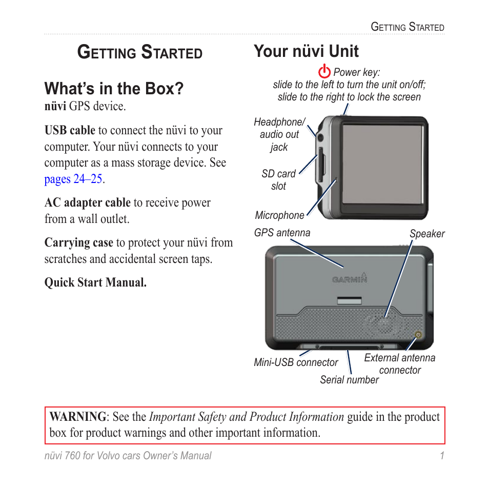 Getting started, What’s in the box, Your nüvi unit | Garmin nuvi 760 for Volvo cars User Manual | Page 7 / 56