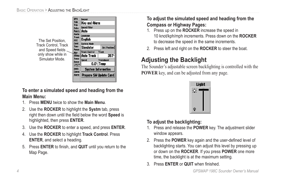 Adjusting the backlight | Garmin GPSMAP 198C Sounder User Manual | Page 10 / 126