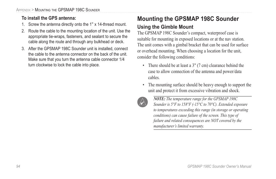 Mounting the gpsmap 198c sounder | Garmin GPSMAP 198C Sounder User Manual | Page 100 / 126