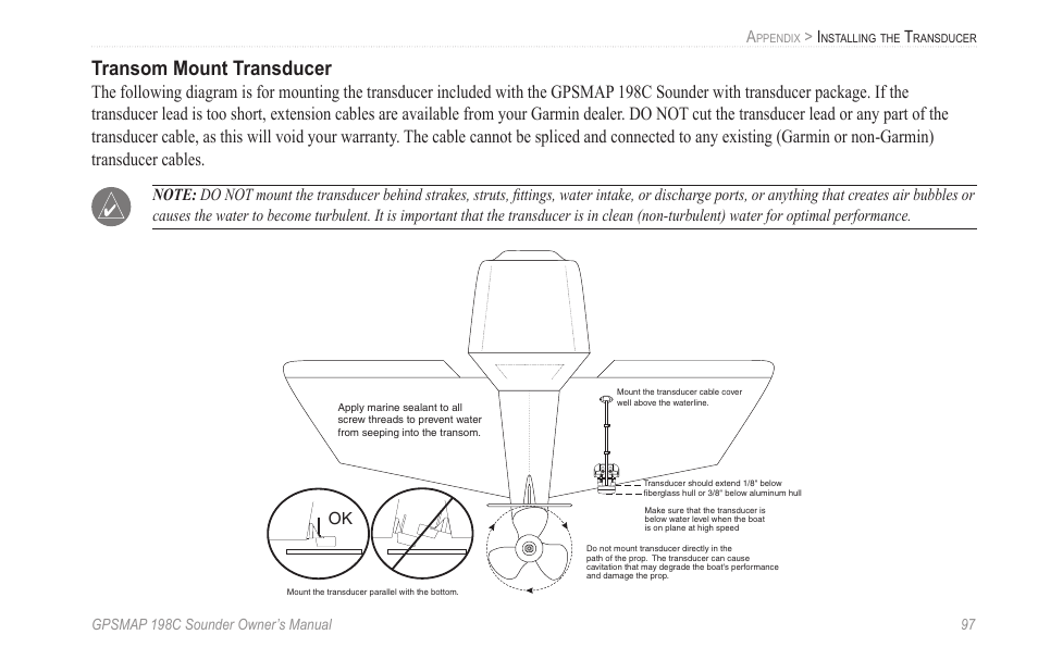 Transom mount transducer | Garmin GPSMAP 198C Sounder User Manual | Page 103 / 126