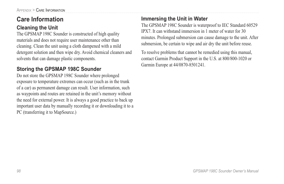 Care information | Garmin GPSMAP 198C Sounder User Manual | Page 104 / 126