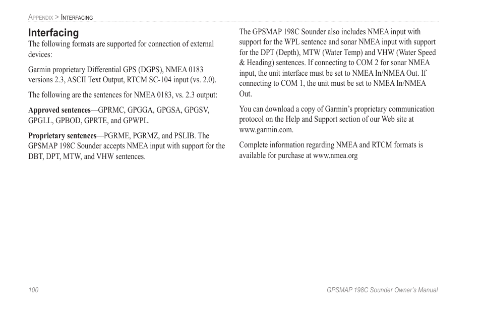 Interfacing | Garmin GPSMAP 198C Sounder User Manual | Page 106 / 126