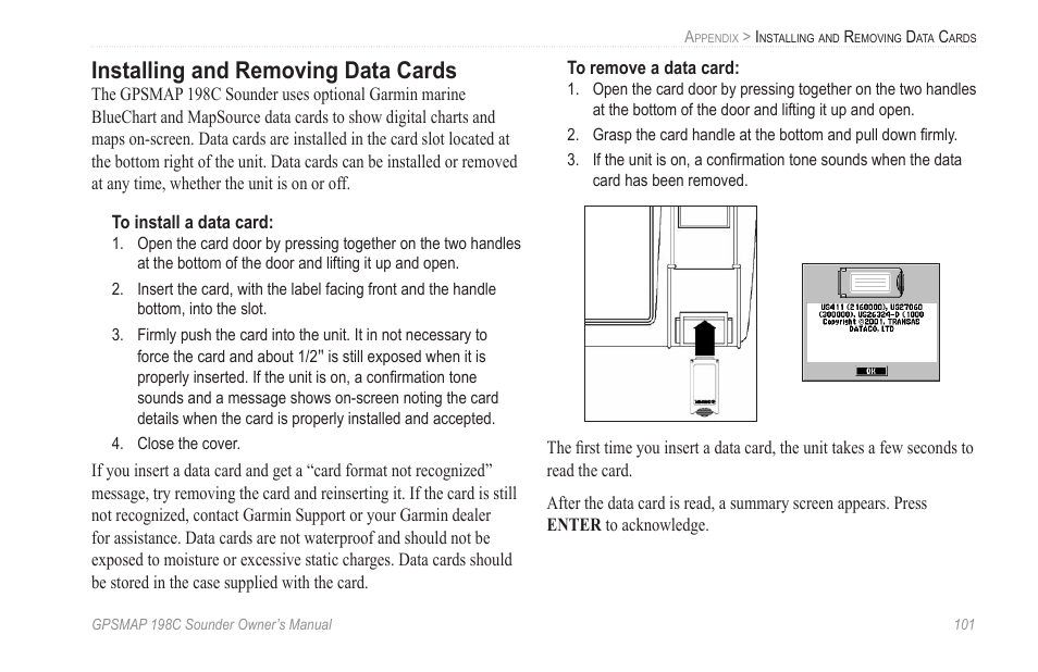 Installing and removing data cards | Garmin GPSMAP 198C Sounder User Manual | Page 107 / 126