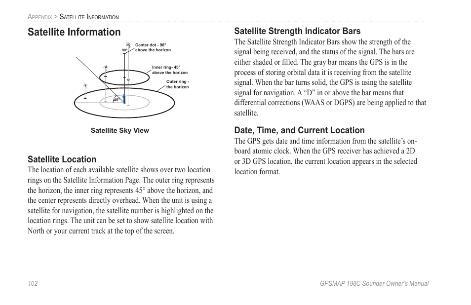 Satellite information, Satellite location, Satellite strength indicator bars | Date, time, and current location | Garmin GPSMAP 198C Sounder User Manual | Page 108 / 126