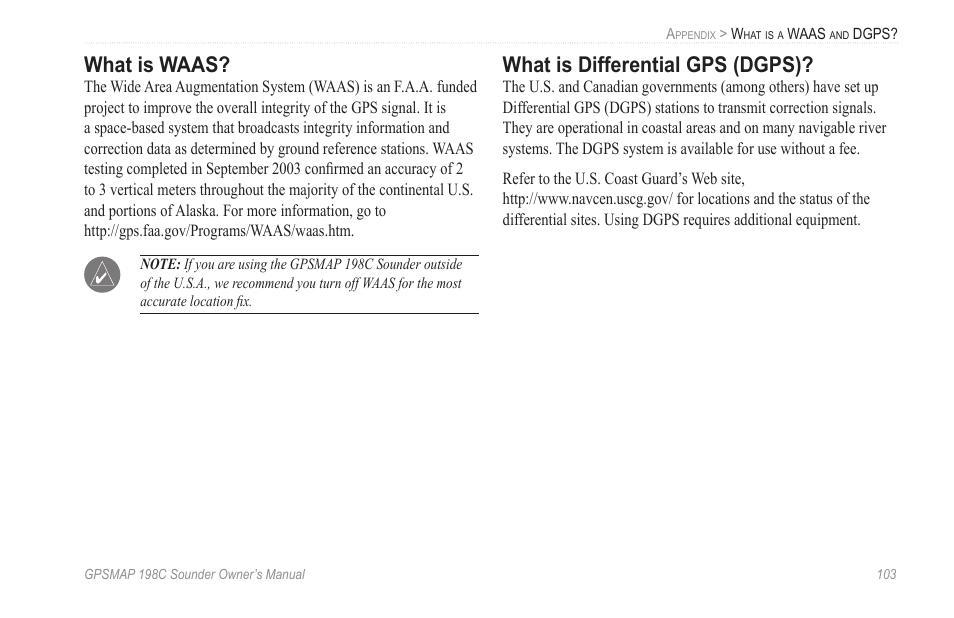 What is waas, What is differential gps (dgps) | Garmin GPSMAP 198C Sounder User Manual | Page 109 / 126