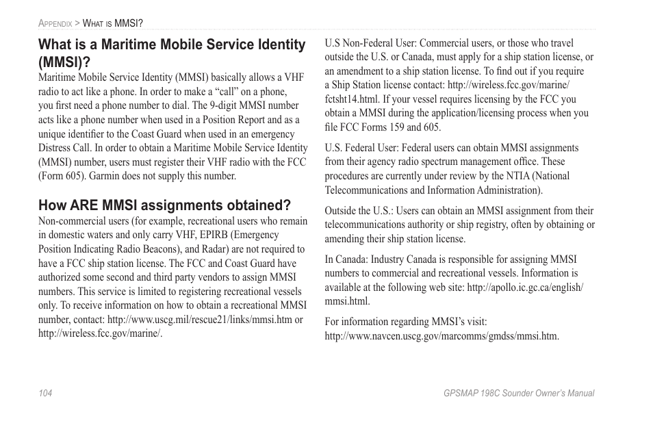 What is a maritime mobile service identity (mmsi), How are mmsi assignments obtained | Garmin GPSMAP 198C Sounder User Manual | Page 110 / 126