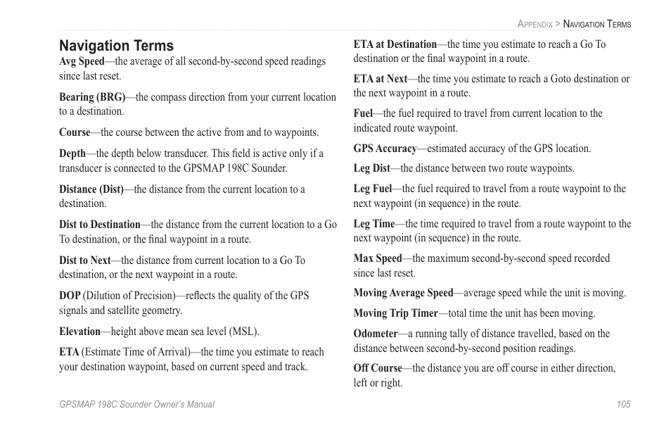 Navigation terms | Garmin GPSMAP 198C Sounder User Manual | Page 111 / 126