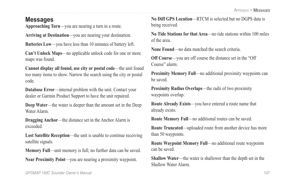 Messages | Garmin GPSMAP 198C Sounder User Manual | Page 113 / 126