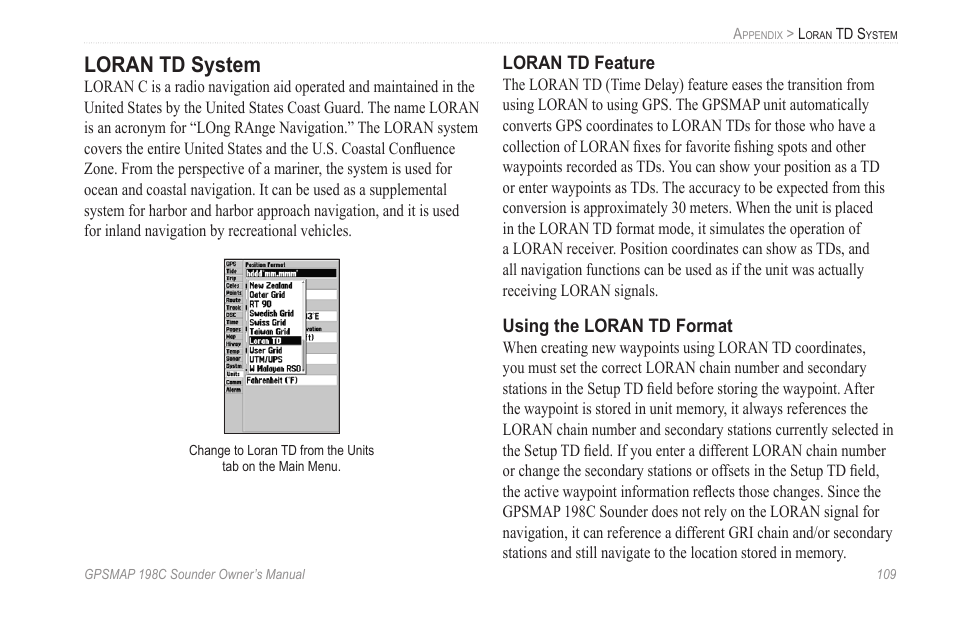 Loran td system | Garmin GPSMAP 198C Sounder User Manual | Page 115 / 126