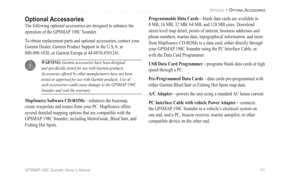 Optional accessories | Garmin GPSMAP 198C Sounder User Manual | Page 117 / 126