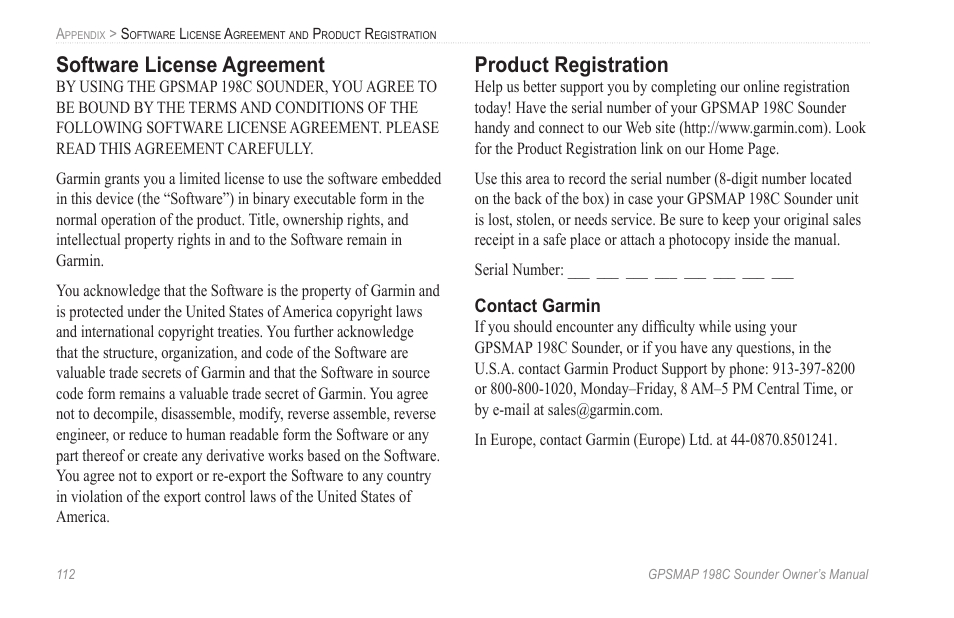 Software license agreement, Product registration | Garmin GPSMAP 198C Sounder User Manual | Page 118 / 126