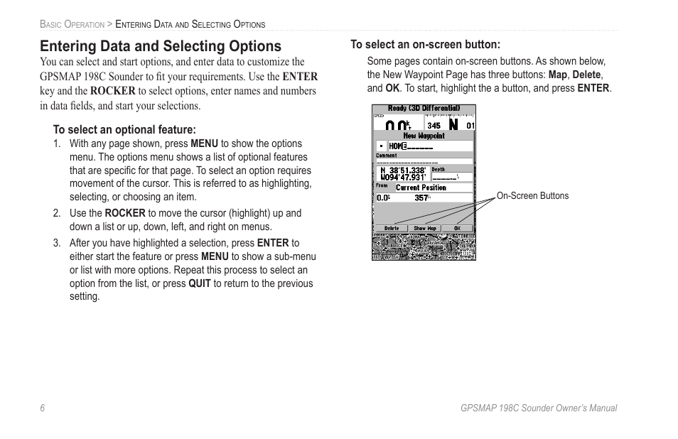 Entering data and selecting options | Garmin GPSMAP 198C Sounder User Manual | Page 12 / 126