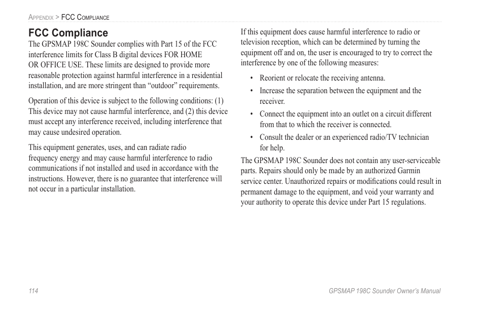 Fcc compliance | Garmin GPSMAP 198C Sounder User Manual | Page 120 / 126