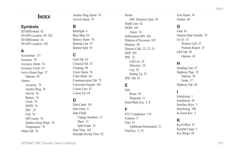 Index, Ndex | Garmin GPSMAP 198C Sounder User Manual | Page 121 / 126