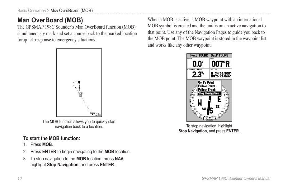 Man overboard (mob) | Garmin GPSMAP 198C Sounder User Manual | Page 16 / 126