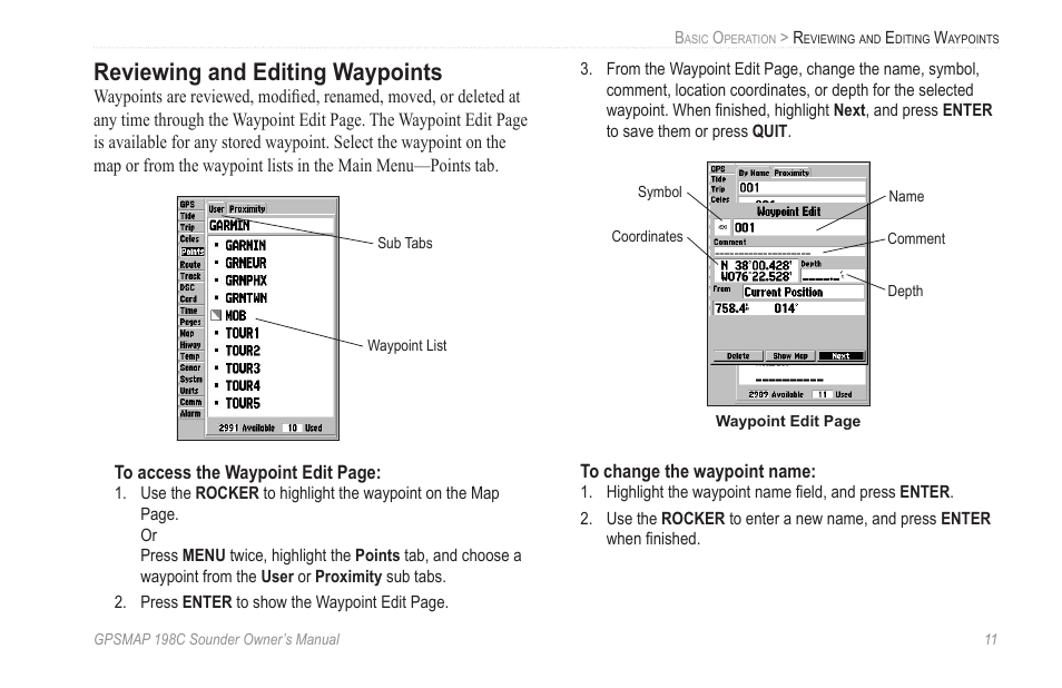 Reviewing and editing waypoints | Garmin GPSMAP 198C Sounder User Manual | Page 17 / 126