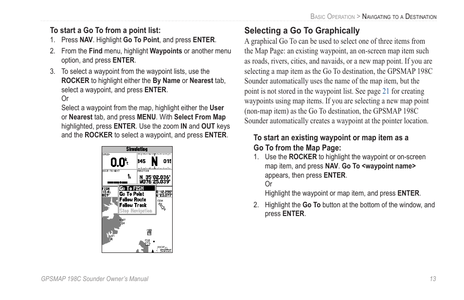 Selecting a go to graphically | Garmin GPSMAP 198C Sounder User Manual | Page 19 / 126