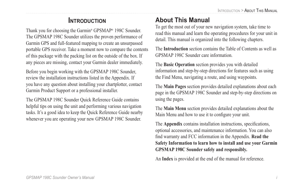 Introduction, About this manual | Garmin GPSMAP 198C Sounder User Manual | Page 3 / 126