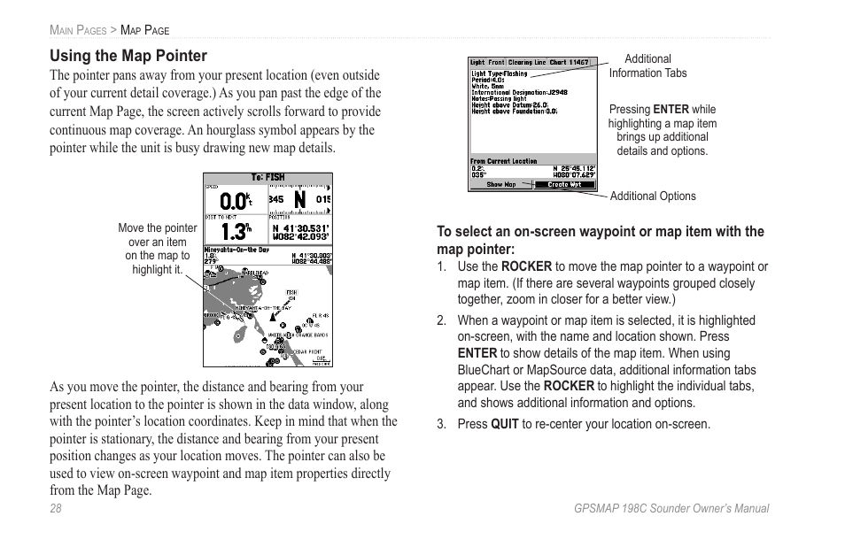 Using the map pointer | Garmin GPSMAP 198C Sounder User Manual | Page 34 / 126