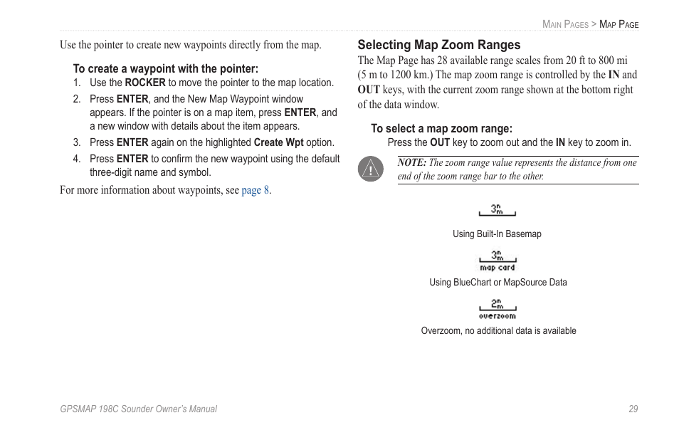 Selecting map zoom ranges | Garmin GPSMAP 198C Sounder User Manual | Page 35 / 126