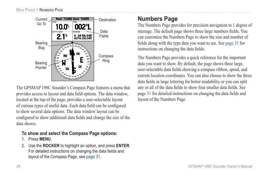 Numbers page | Garmin GPSMAP 198C Sounder User Manual | Page 40 / 126