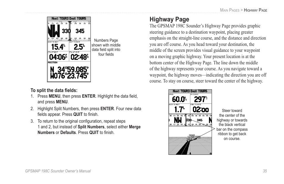Highway page | Garmin GPSMAP 198C Sounder User Manual | Page 41 / 126