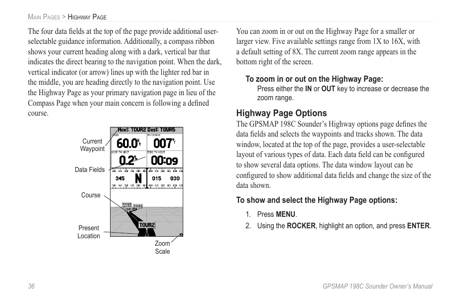 Highway page options | Garmin GPSMAP 198C Sounder User Manual | Page 42 / 126