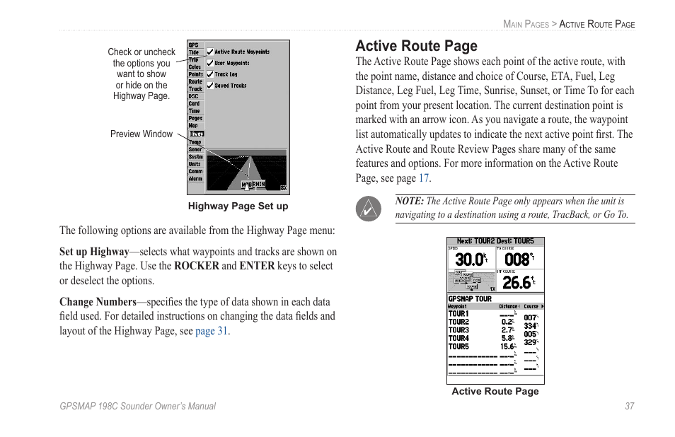 Active route page | Garmin GPSMAP 198C Sounder User Manual | Page 43 / 126