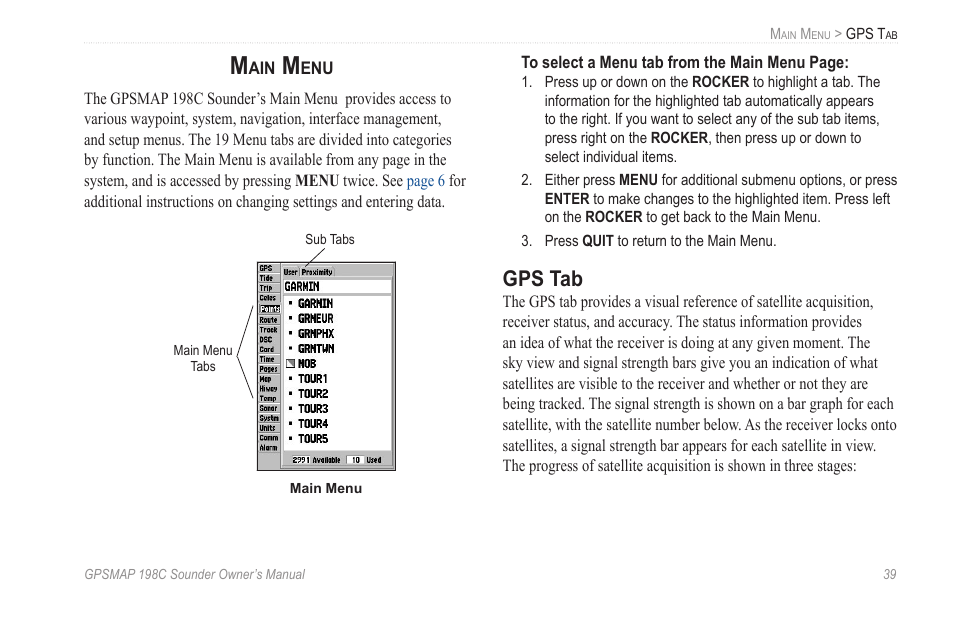 Main menu, Gps tab | Garmin GPSMAP 198C Sounder User Manual | Page 45 / 126