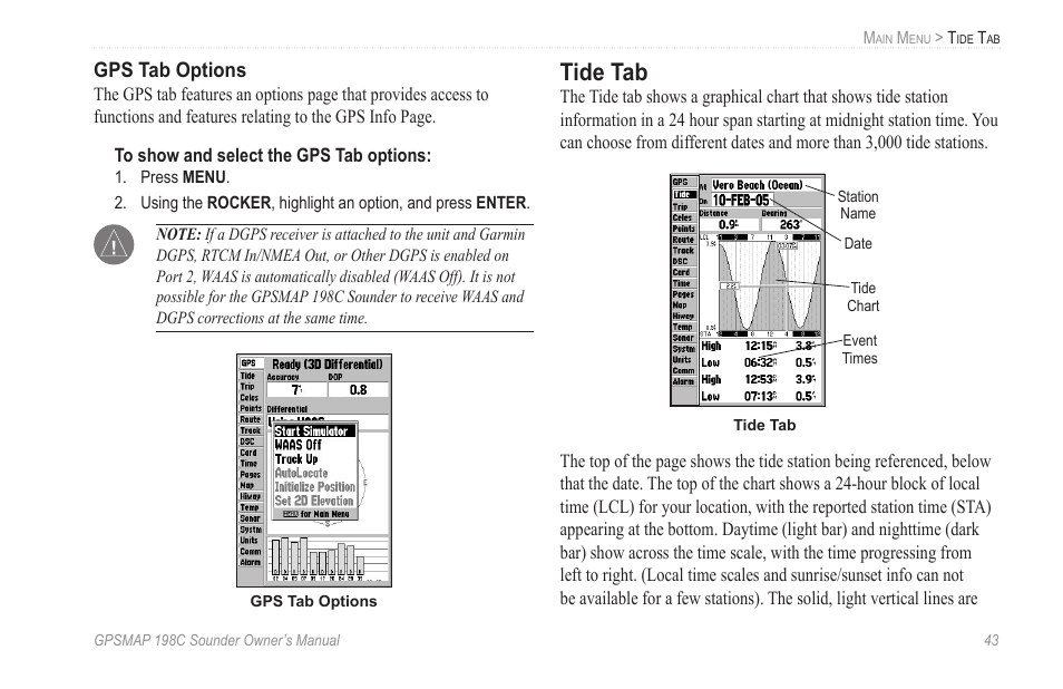 Tide tab, Gps tab options | Garmin GPSMAP 198C Sounder User Manual | Page 49 / 126