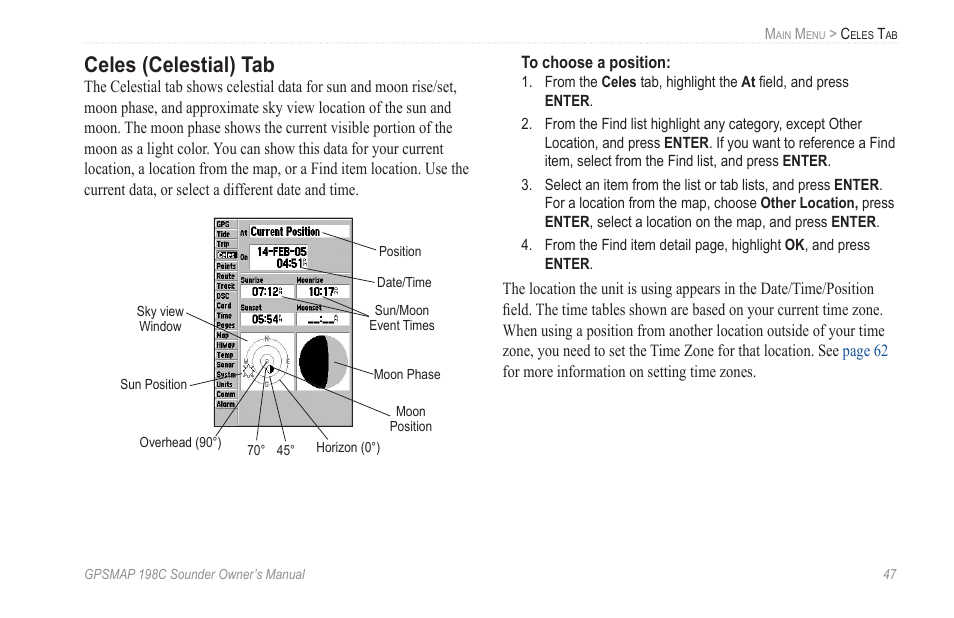Celes (celestial) tab | Garmin GPSMAP 198C Sounder User Manual | Page 53 / 126