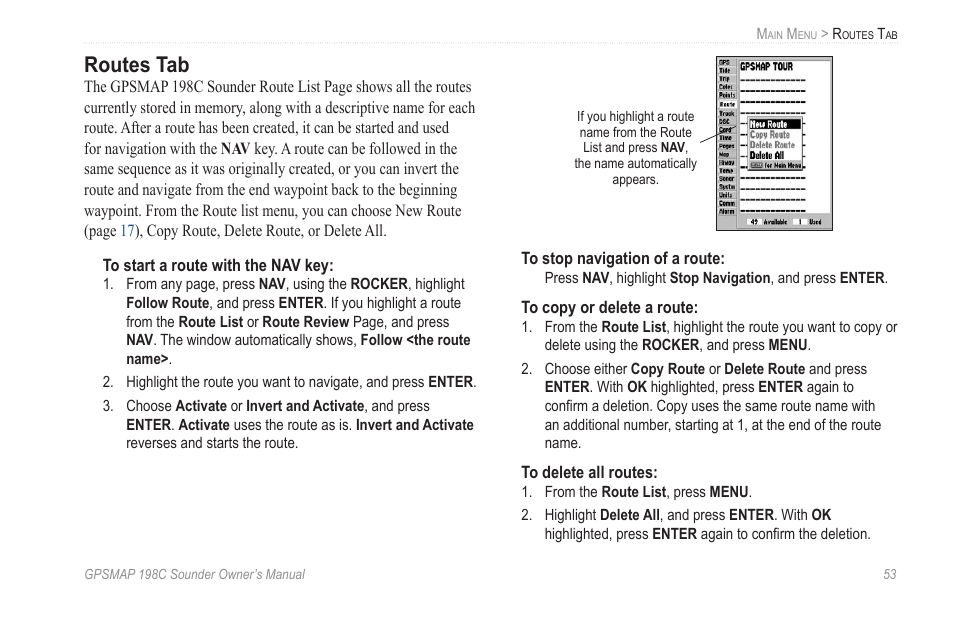 Routes tab | Garmin GPSMAP 198C Sounder User Manual | Page 59 / 126