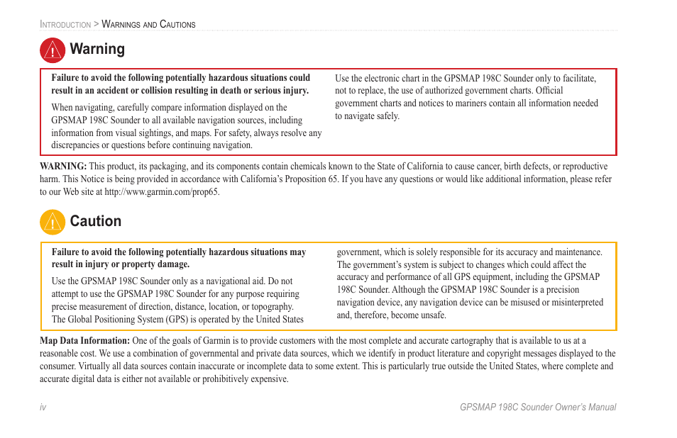 Warning, Caution | Garmin GPSMAP 198C Sounder User Manual | Page 6 / 126