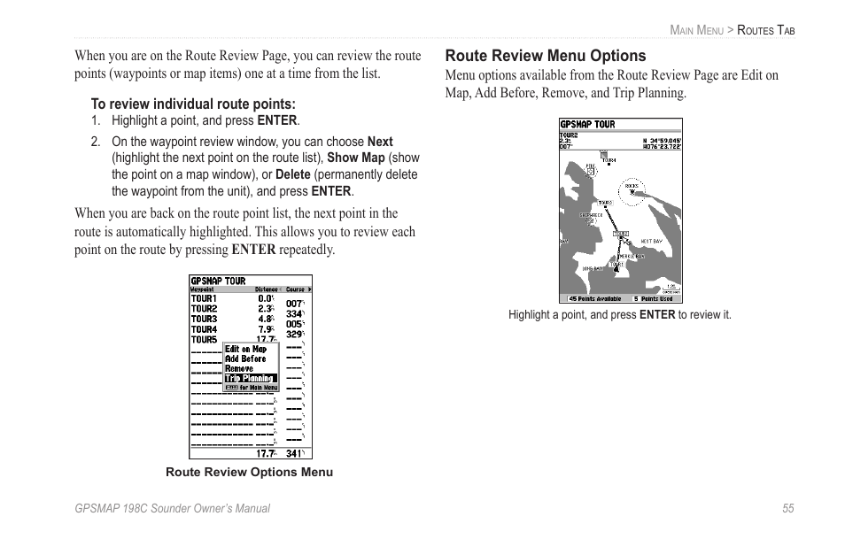 Route review menu options | Garmin GPSMAP 198C Sounder User Manual | Page 61 / 126