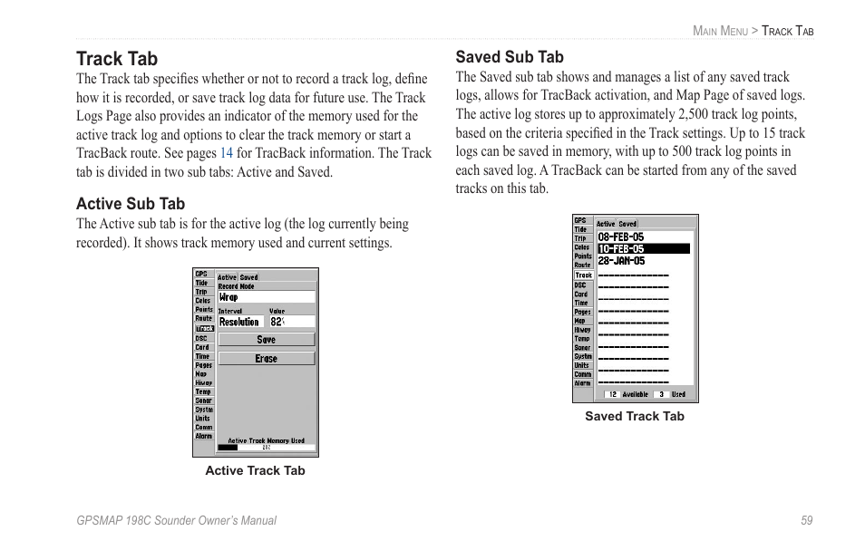 Track tab | Garmin GPSMAP 198C Sounder User Manual | Page 65 / 126