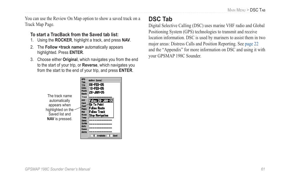 Dsc tab | Garmin GPSMAP 198C Sounder User Manual | Page 67 / 126