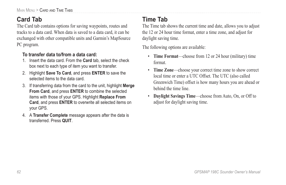 Card tab, Time tab | Garmin GPSMAP 198C Sounder User Manual | Page 68 / 126