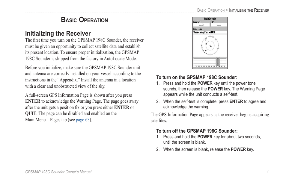 Basic operation, Initializing the receiver | Garmin GPSMAP 198C Sounder User Manual | Page 7 / 126