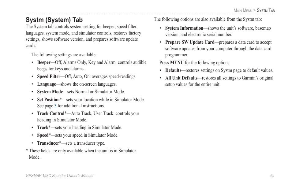 Systm (system) tab | Garmin GPSMAP 198C Sounder User Manual | Page 75 / 126