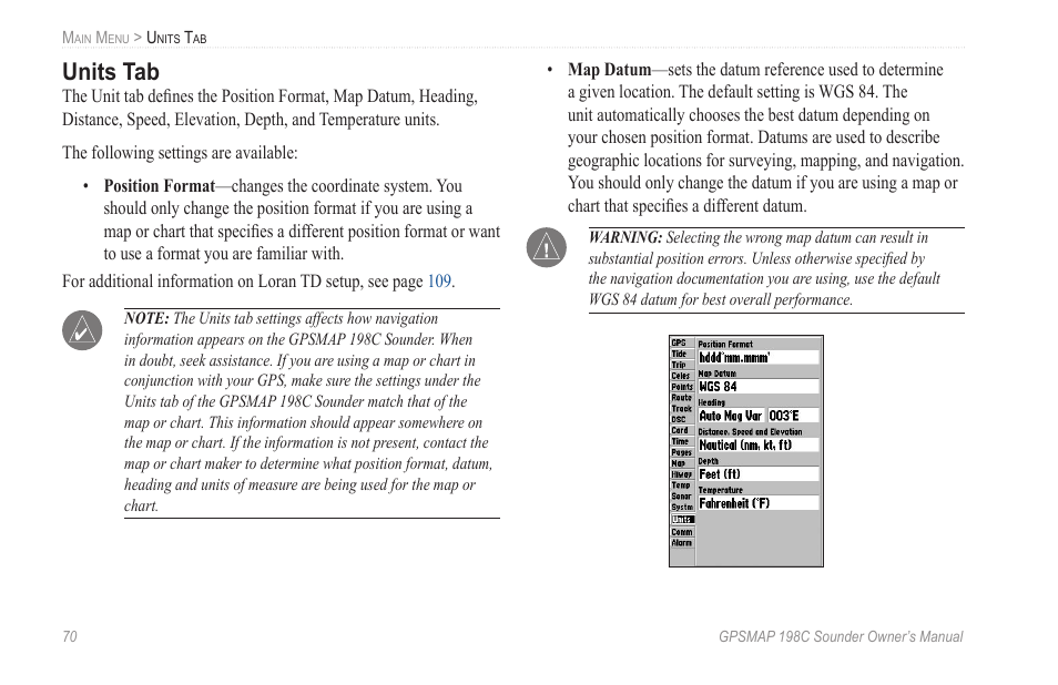 Units tab | Garmin GPSMAP 198C Sounder User Manual | Page 76 / 126