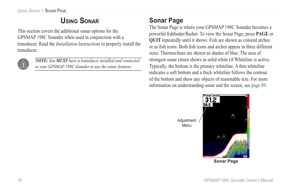 Using sonar, Sonar page | Garmin GPSMAP 198C Sounder User Manual | Page 84 / 126