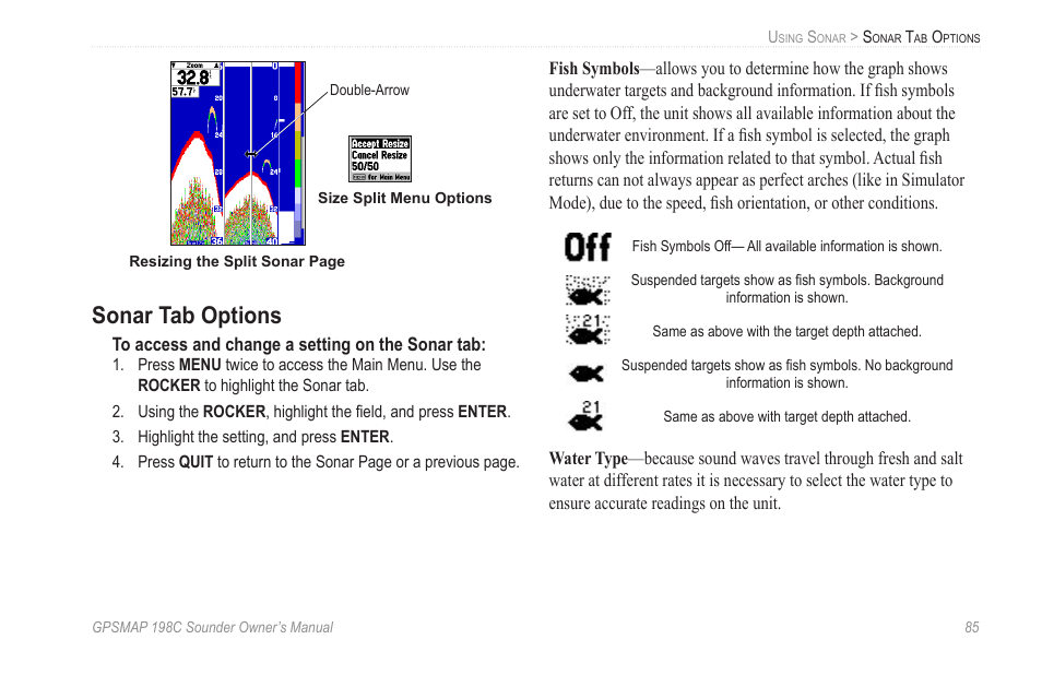 Sonar tab options | Garmin GPSMAP 198C Sounder User Manual | Page 91 / 126