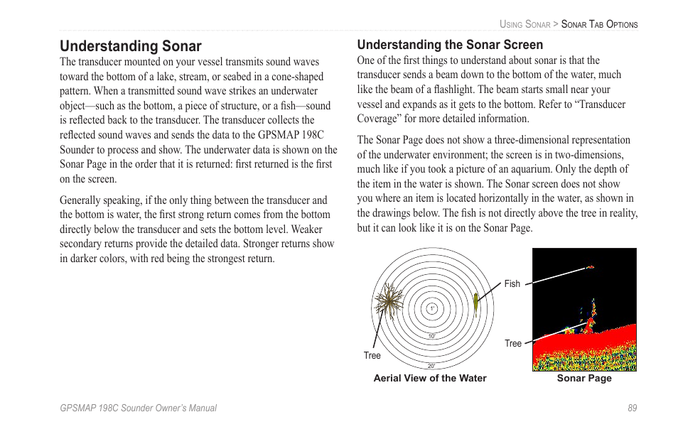 Understanding sonar, Understanding the sonar screen | Garmin GPSMAP 198C Sounder User Manual | Page 95 / 126