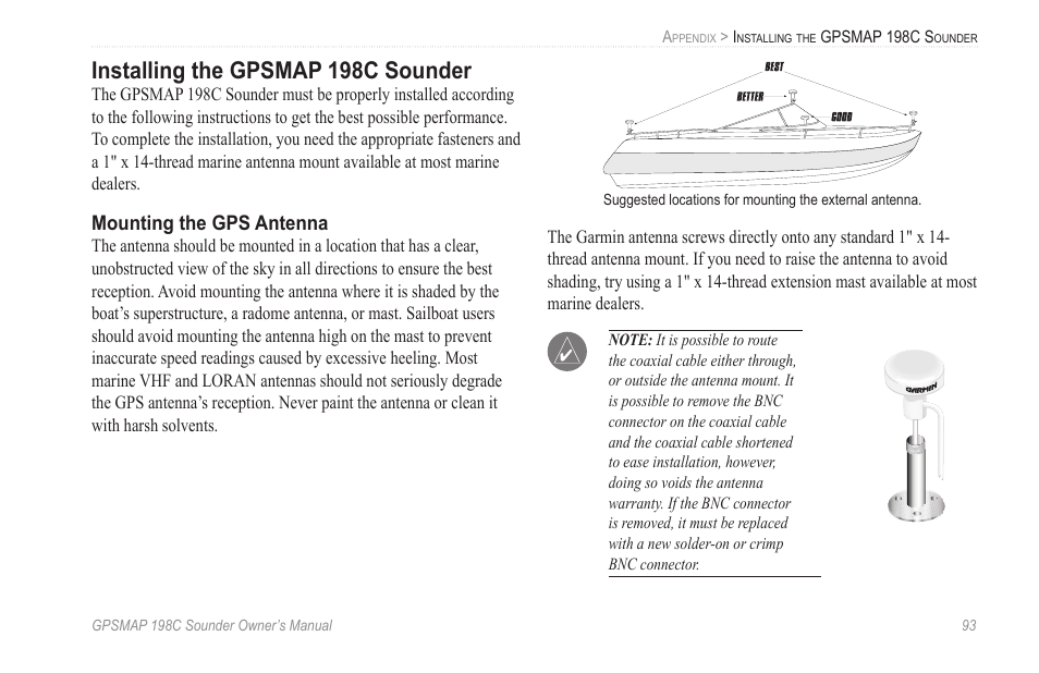 Installing the gpsmap 198c sounder | Garmin GPSMAP 198C Sounder User Manual | Page 99 / 126