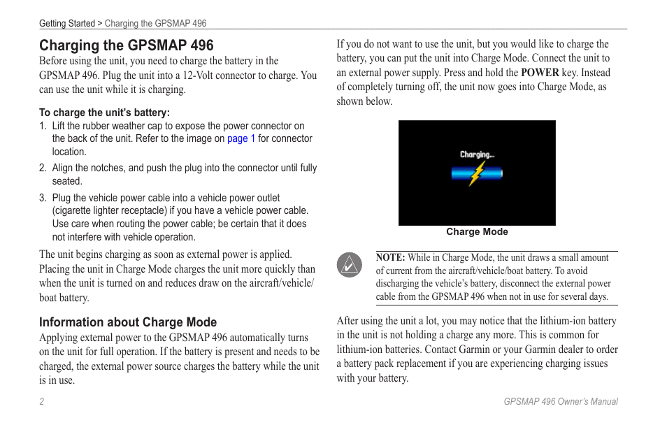 Charging the gpsmap 496 | Garmin GPSMAP 496 User Manual | Page 10 / 194