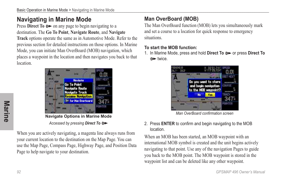 Navigating in marine mode, Marine | Garmin GPSMAP 496 User Manual | Page 100 / 194