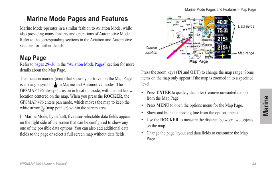 Marine, Marine mode pages and features, Map page | Garmin GPSMAP 496 User Manual | Page 101 / 194