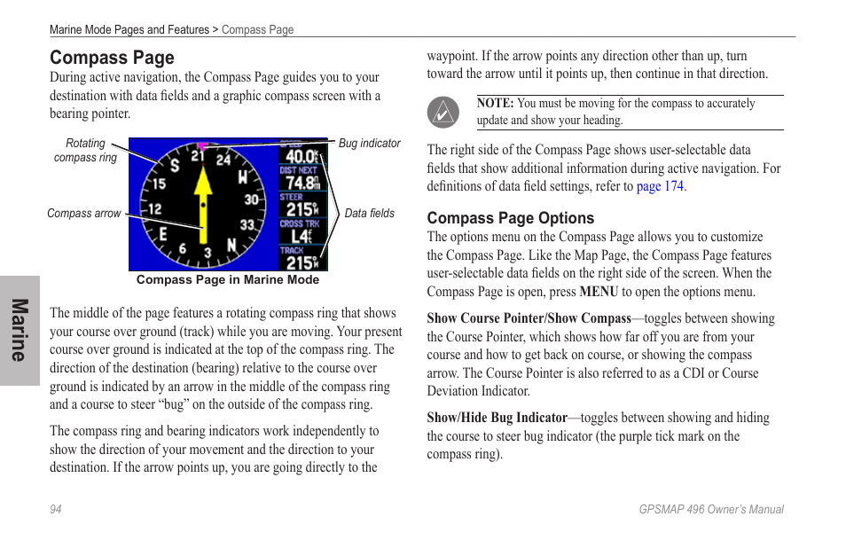Marine, Compass page | Garmin GPSMAP 496 User Manual | Page 102 / 194