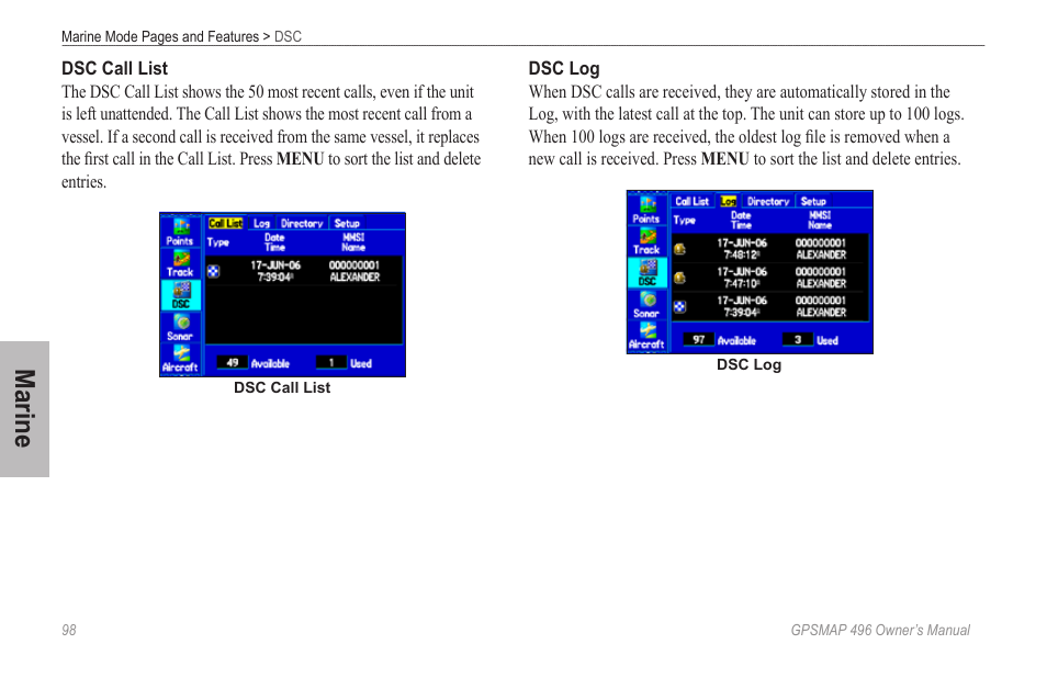 Marine | Garmin GPSMAP 496 User Manual | Page 106 / 194